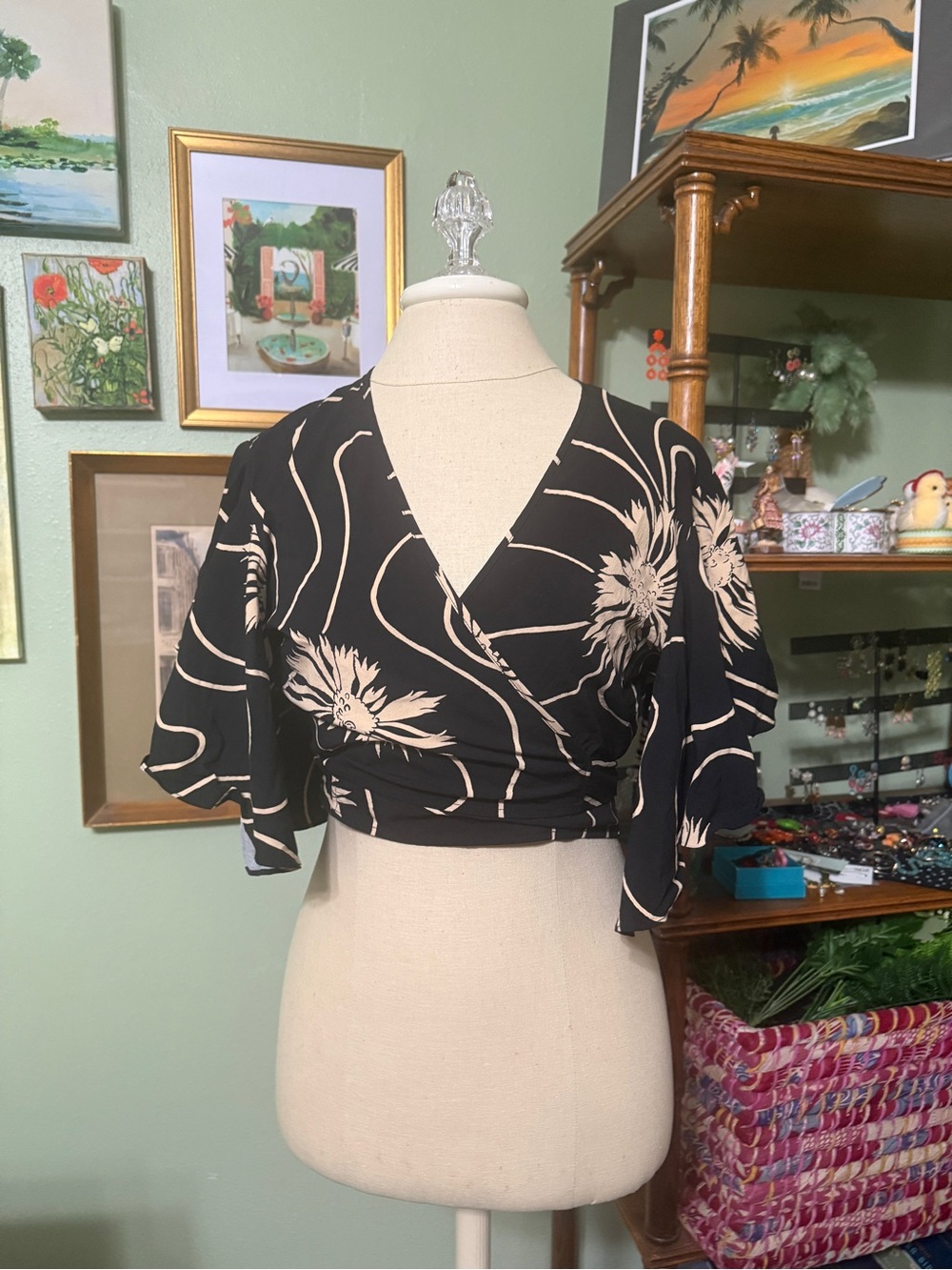 Trashy Diva Black Wrap Crop Top with Cream Floral Print